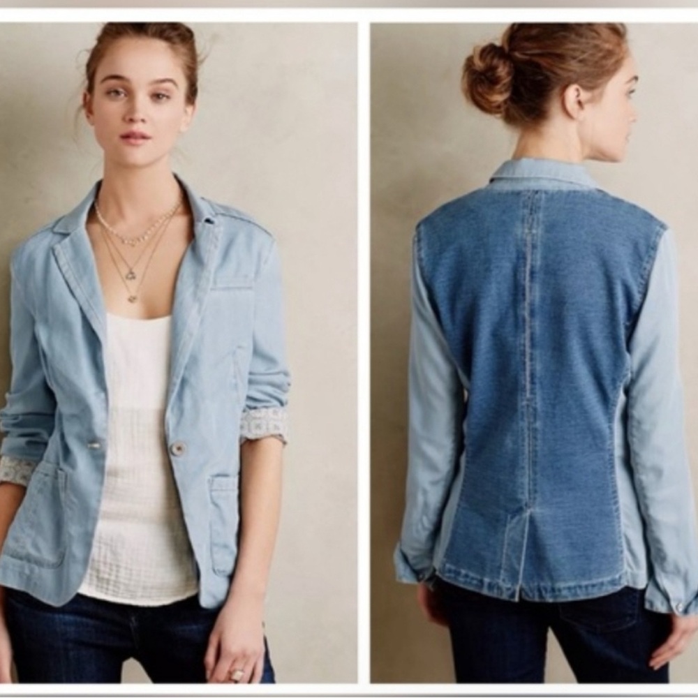 Anthropologie Pilcro letterpress chambray one button jacket stretch Sz xs